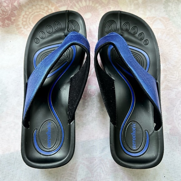 Aerothotic Blue Black Size 8 Flip Flops Matte Gloss Metallic Sandals NEW - Picture 6 of 14